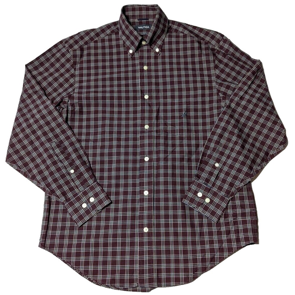NAUTICA 80'S TWO-PLY COTTON Men Small Purple Blue Plaid Button-Up Shirt‎ EUC